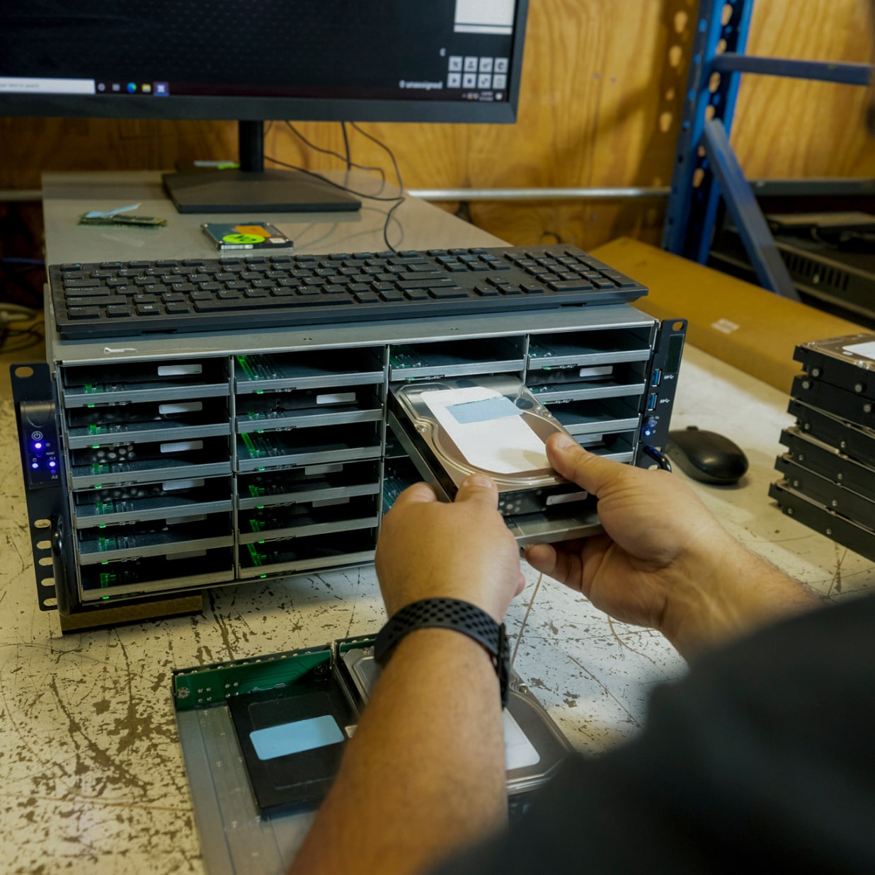 ARCOA employee inserting a hard drive into a computer