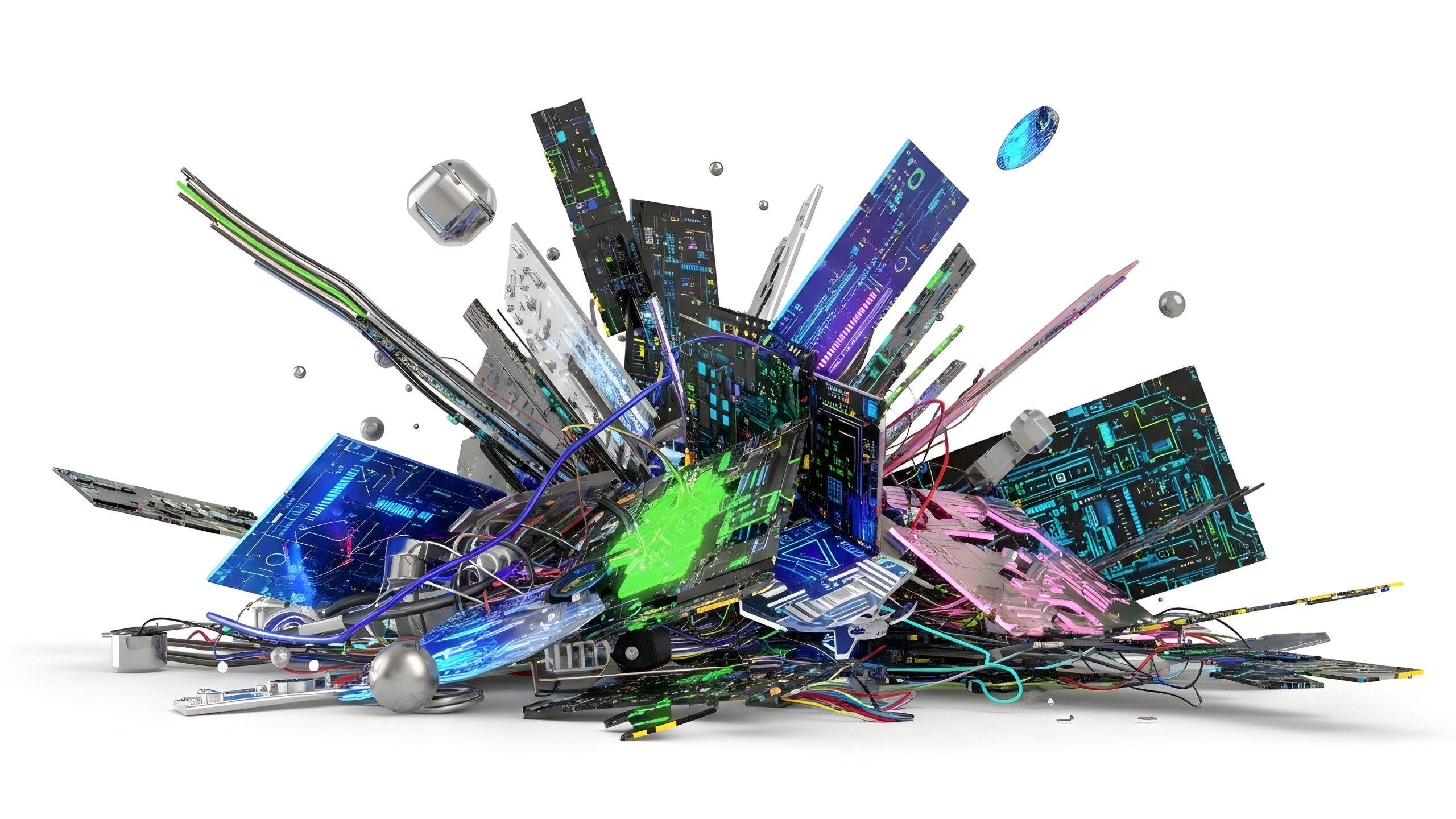 A chaotic pile of shattered electronic components and circuit board fragments, representing e-waste or technological debris.
